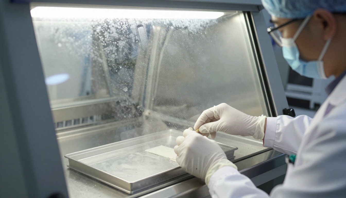 Laboratory technician working inside a sealed transparent glove box