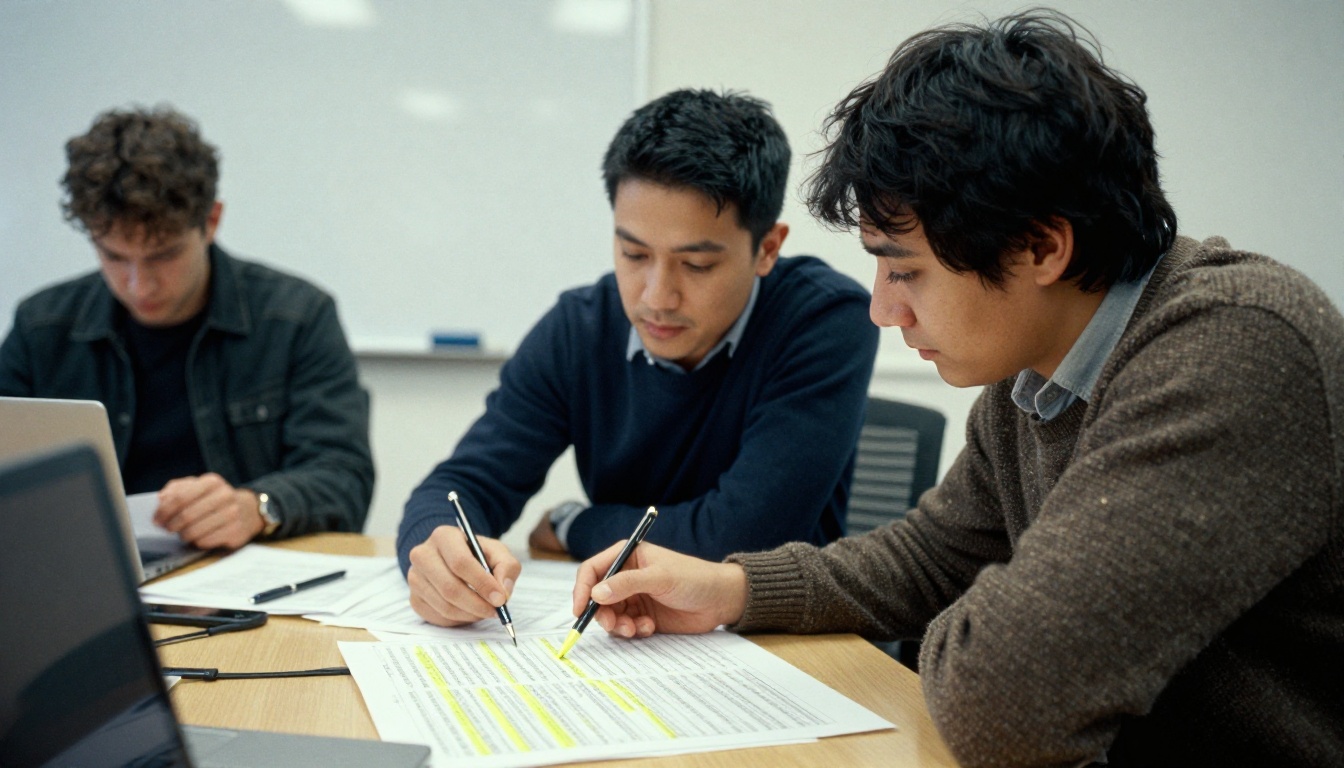 Two colleagues reviewing a printed page of log entries marked with yellow highlighter