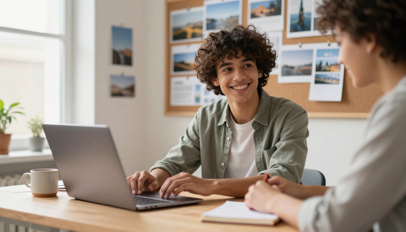 Young designer smiling at a laptop in a bright creative studio