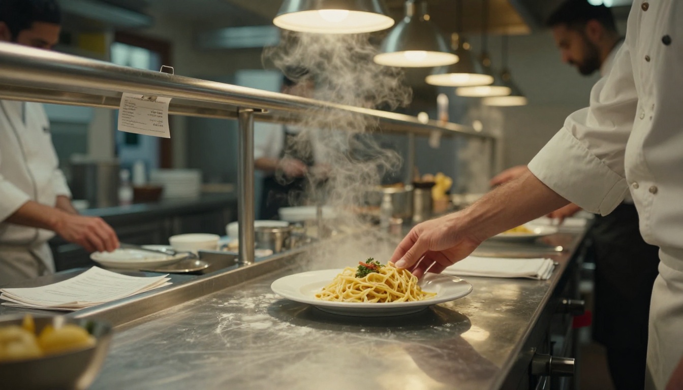 A chef sliding a plated dish across a stainless steel kitchen pass toward a waiter