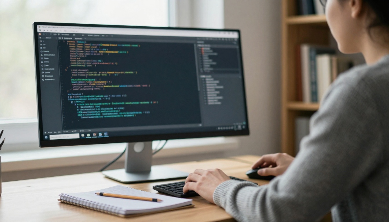 Over-the-shoulder view of a developer working at a wooden desk beside a window