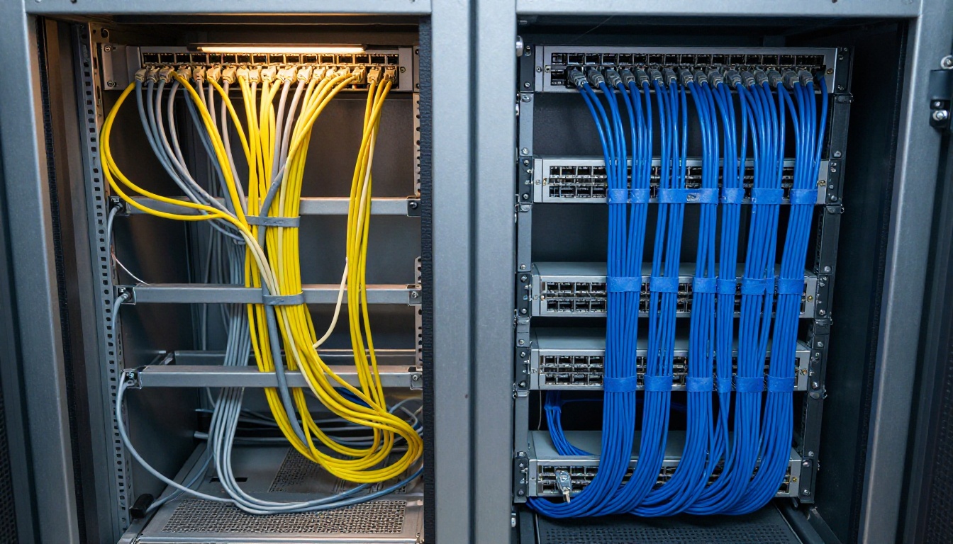 Two network racks side by side, one tangled with loose cables and one neatly organised