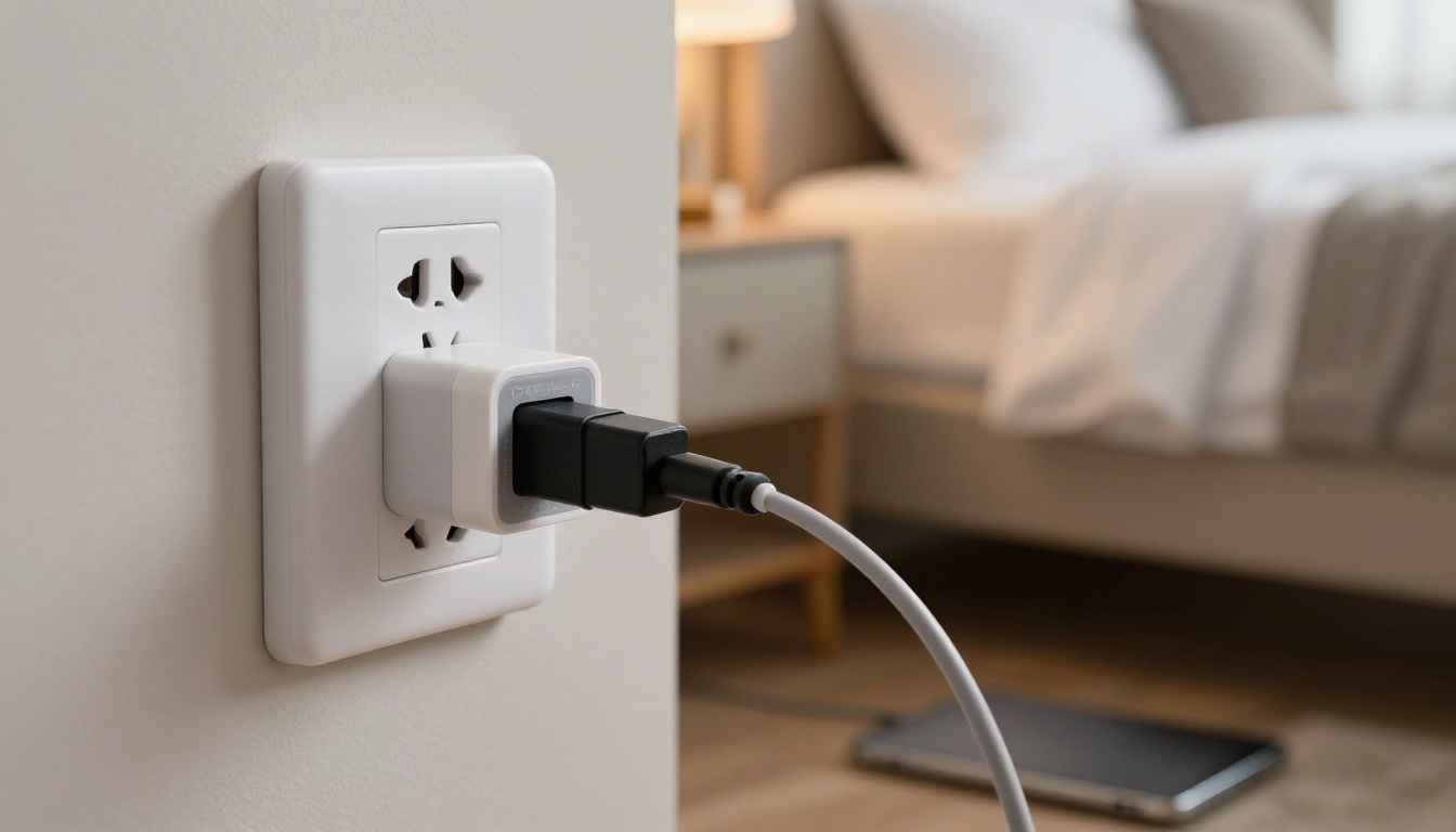 A universal travel adapter plugged into a hotel wall socket with two cables connected