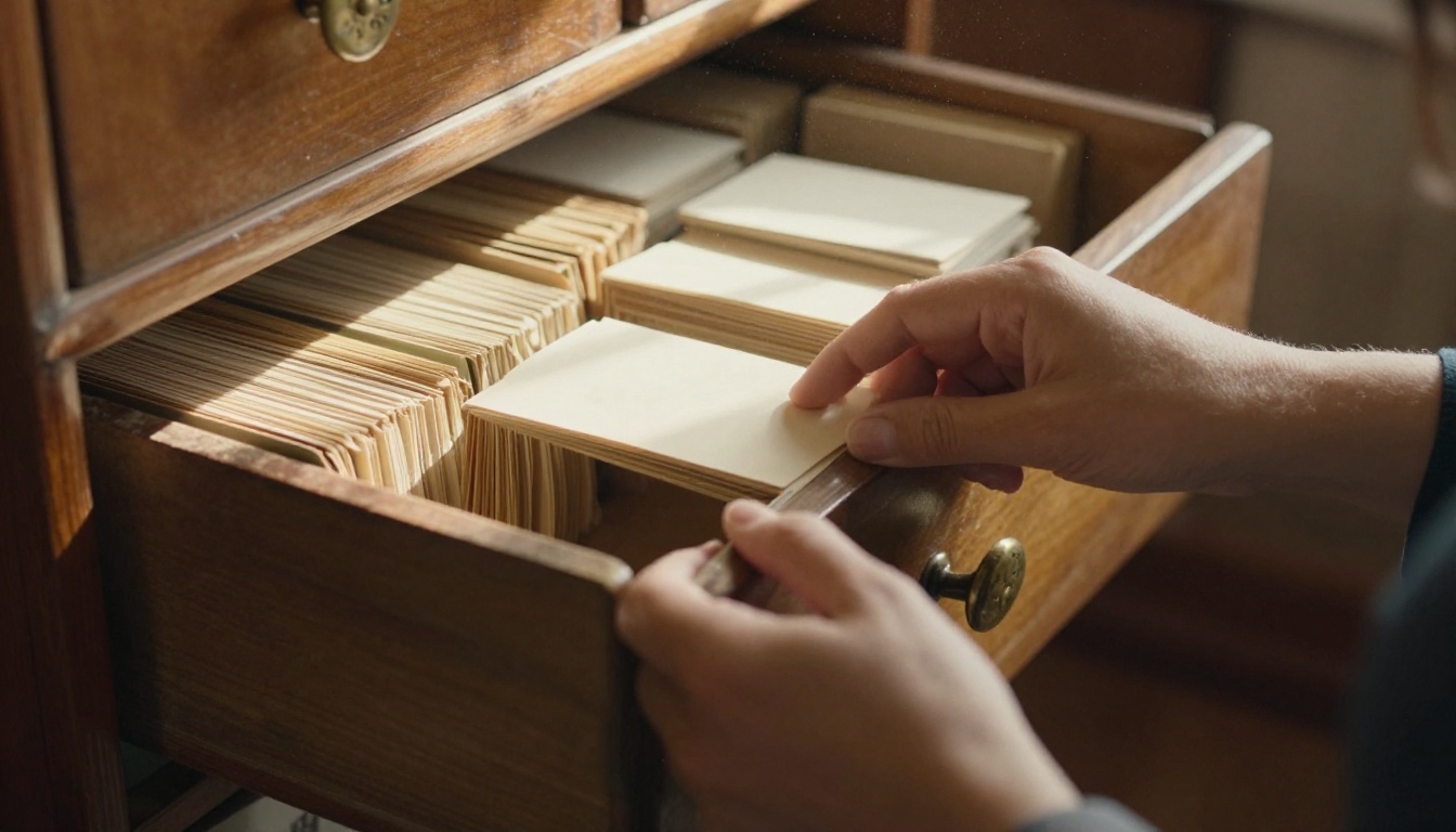 A woman's hands pulling open a wooden card catalog drawer in a sunlit library
