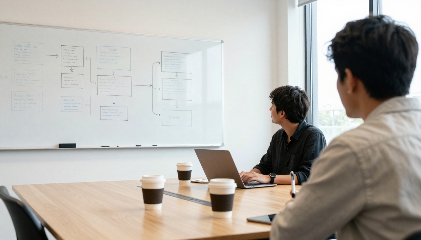 Two colleagues planning a system layout in front of a whiteboard in a bright meeting room
