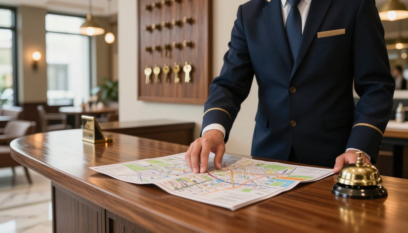 A hotel concierge in a navy uniform handing a guest a folded city map