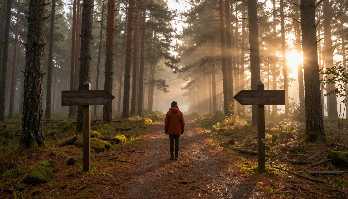 A hiker pausing at a wooden signpost where a misty forest trail splits in two