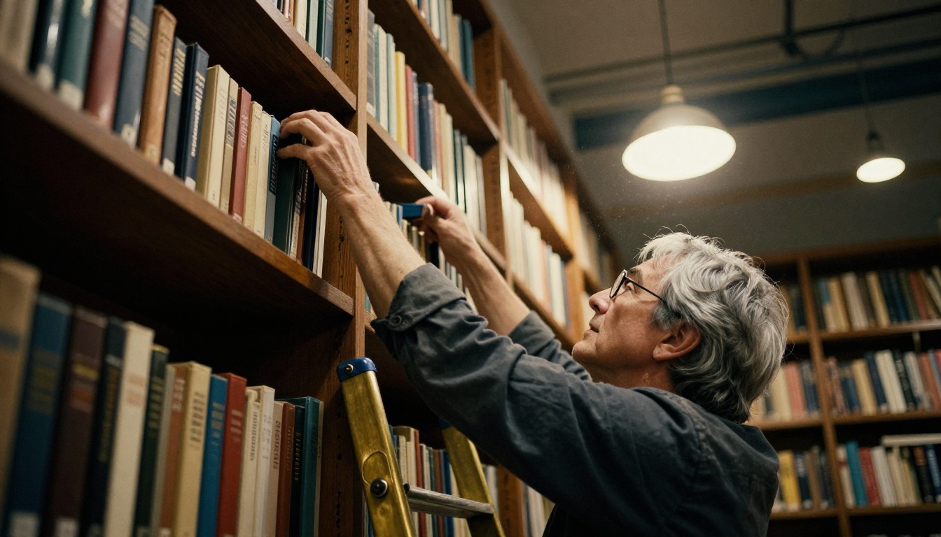 A librarian reaching for a book on a tall oak shelf, a picture of retrieval in action