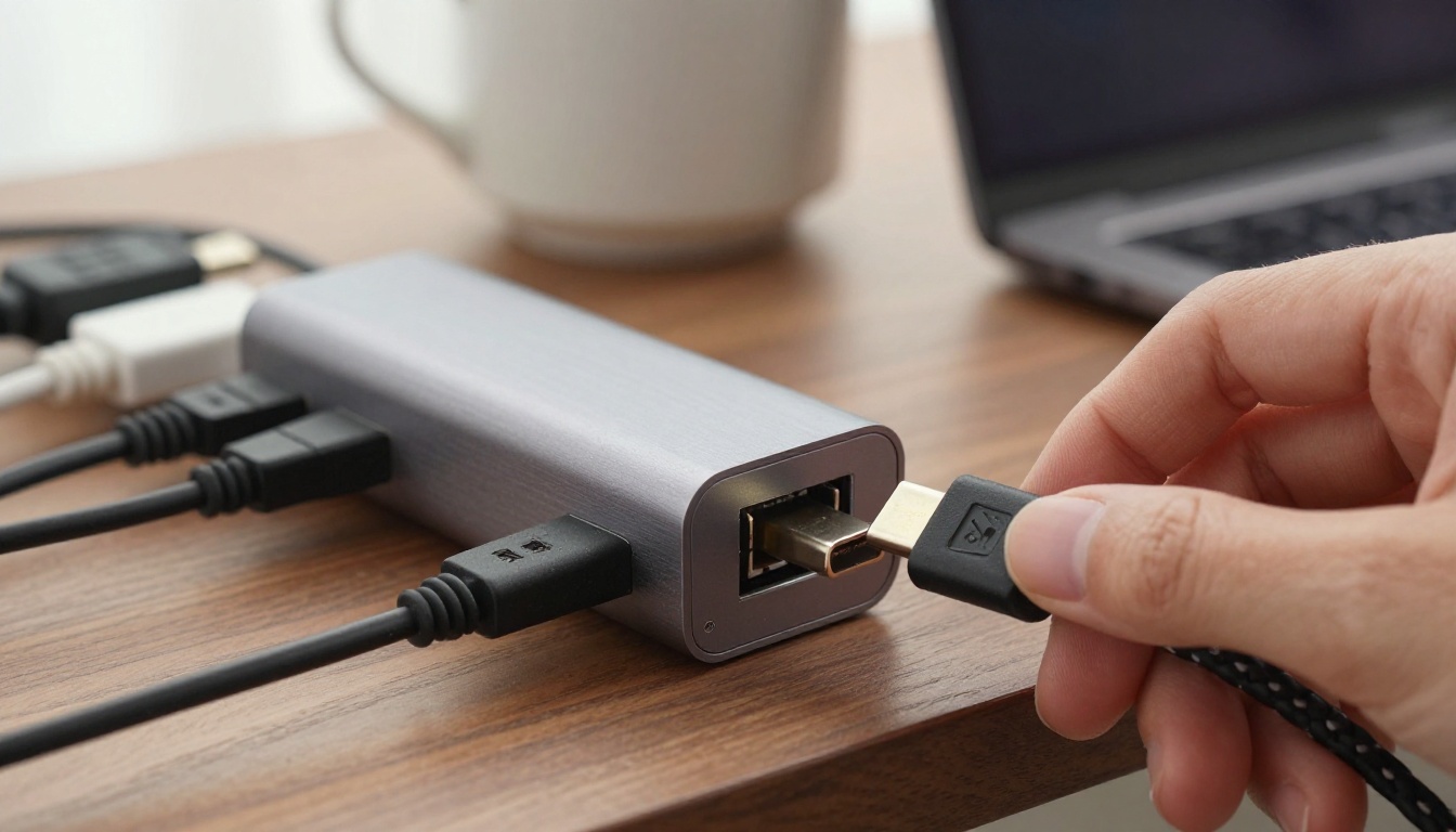 A close-up of hands plugging a braided cable into an aluminum multiport hub