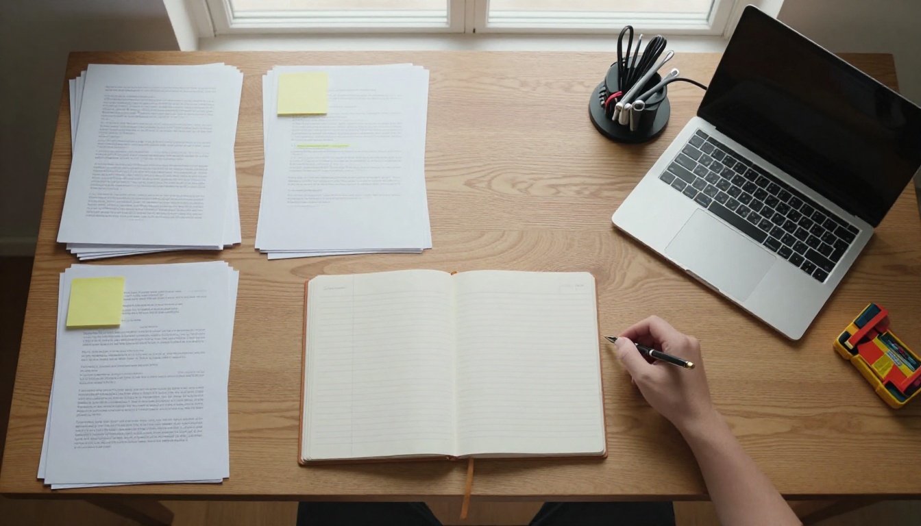 An overhead view of a desk split between printed documents on one side and a laptop with cables and tools on the other