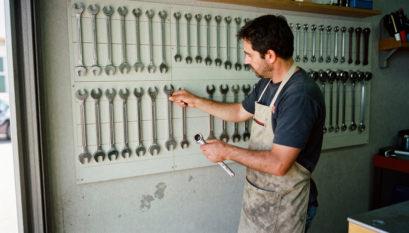 A mechanic choosing a wrench from a magnetic tool wall where every tool has its own outline