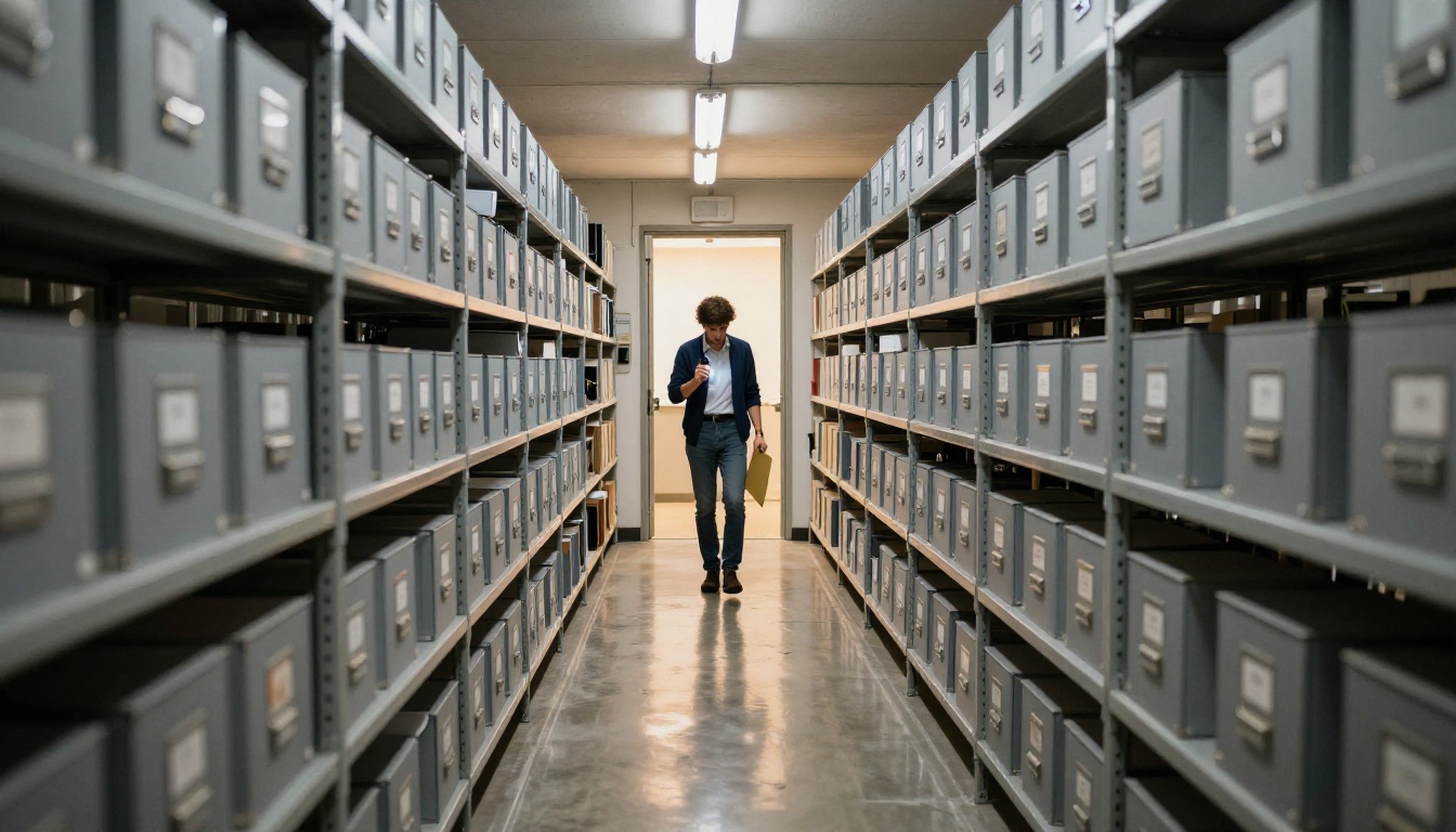 A long archive corridor lined with document boxes, a researcher far in the distance