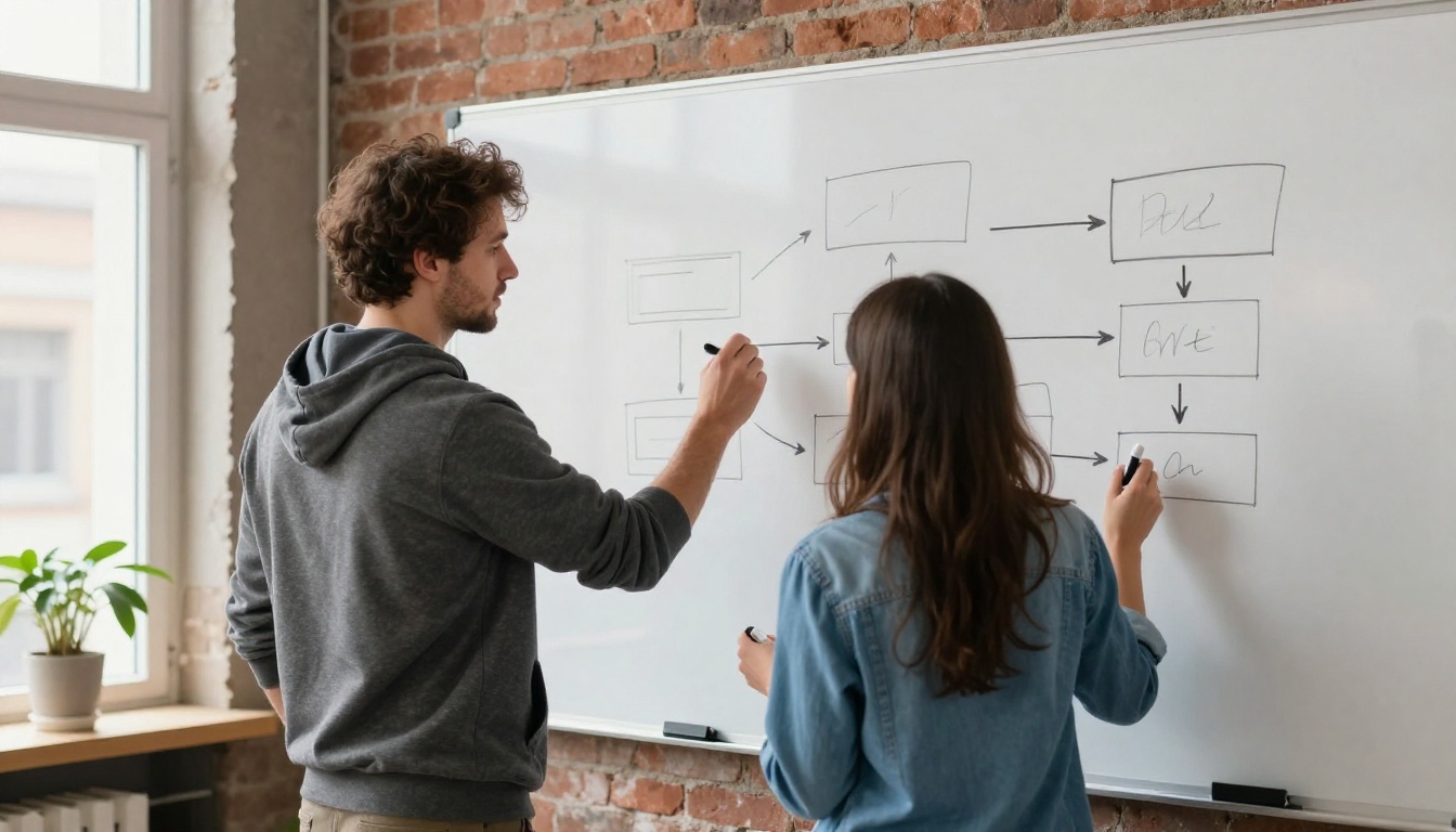 Two developers sketching boxes and arrows on a whiteboard in a brick loft office