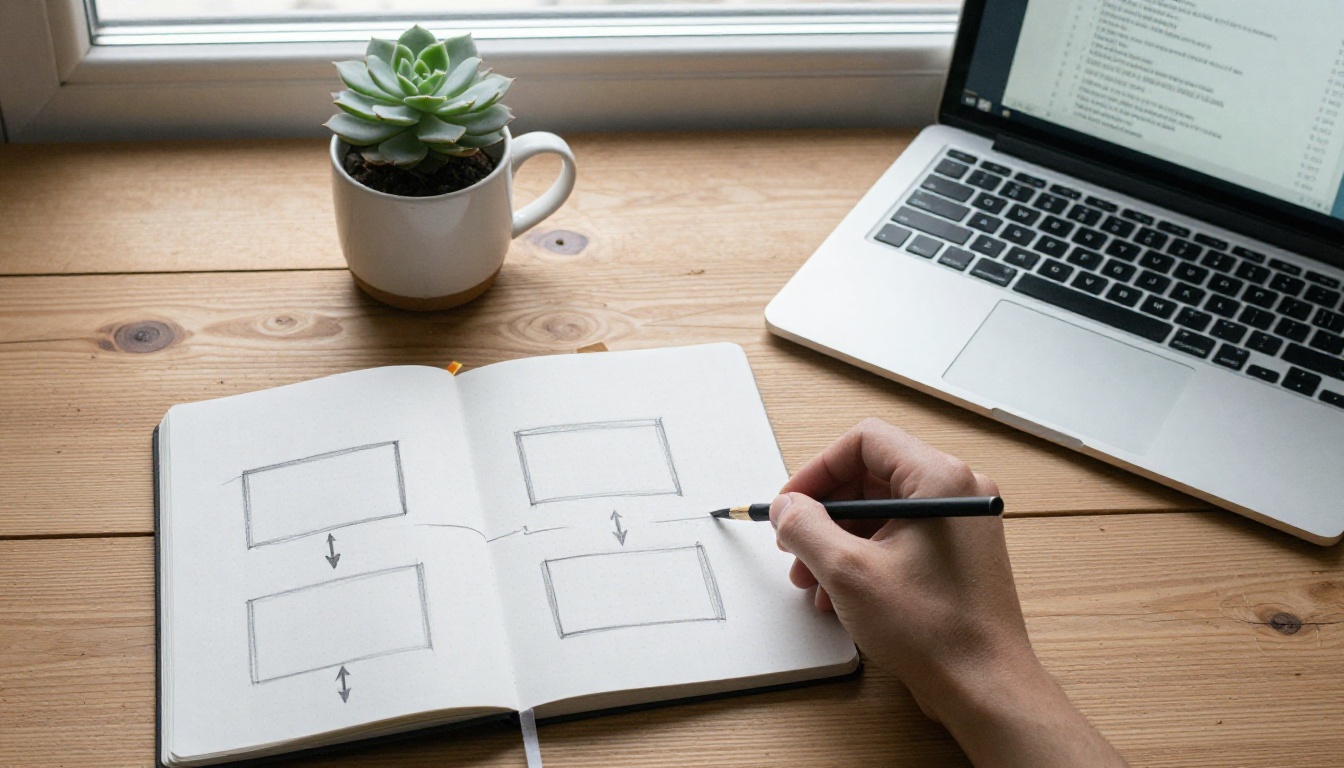 Hand-drawn boxes and arrows in a notebook next to a laptop