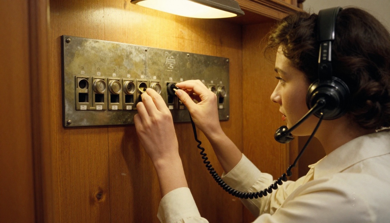 A switchboard operator pushing a patch cord into a wall of brass-ringed sockets