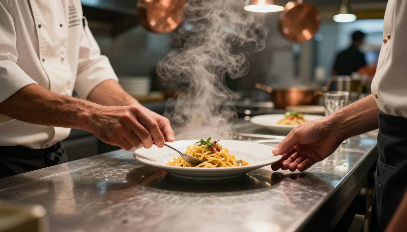 A chef passing a plate through a kitchen window to a waiter