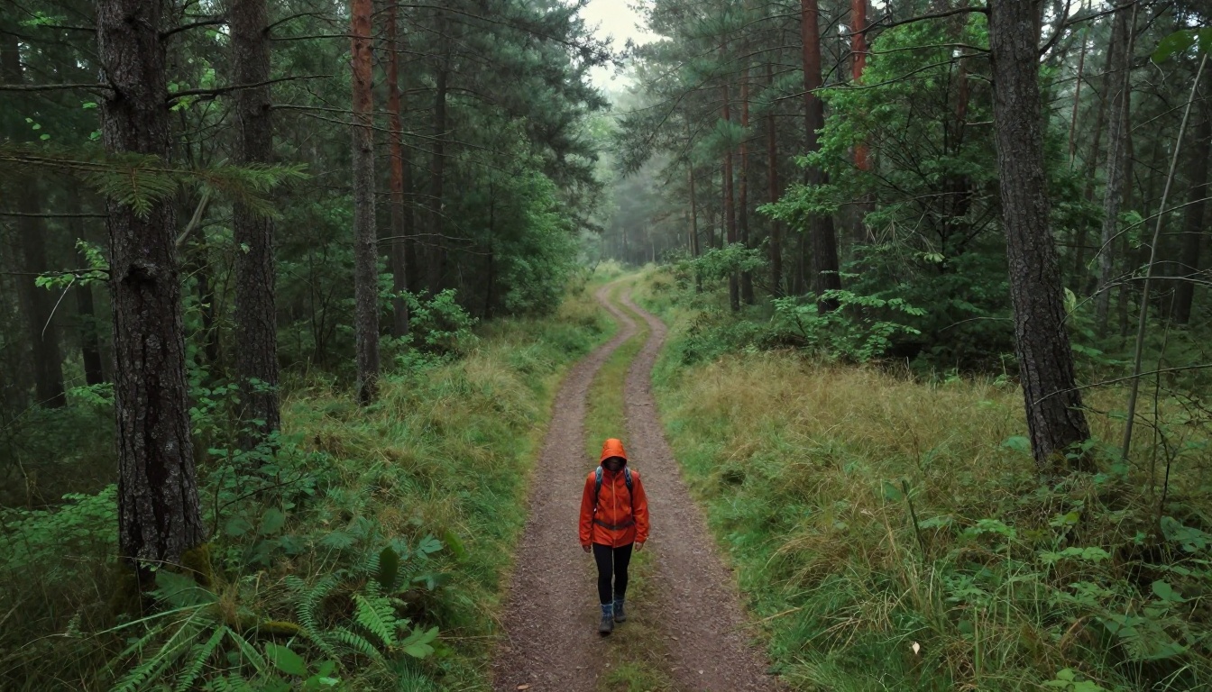 An aerial view of a forest trail splitting in two at a clearing, with a hiker pausing at the fork