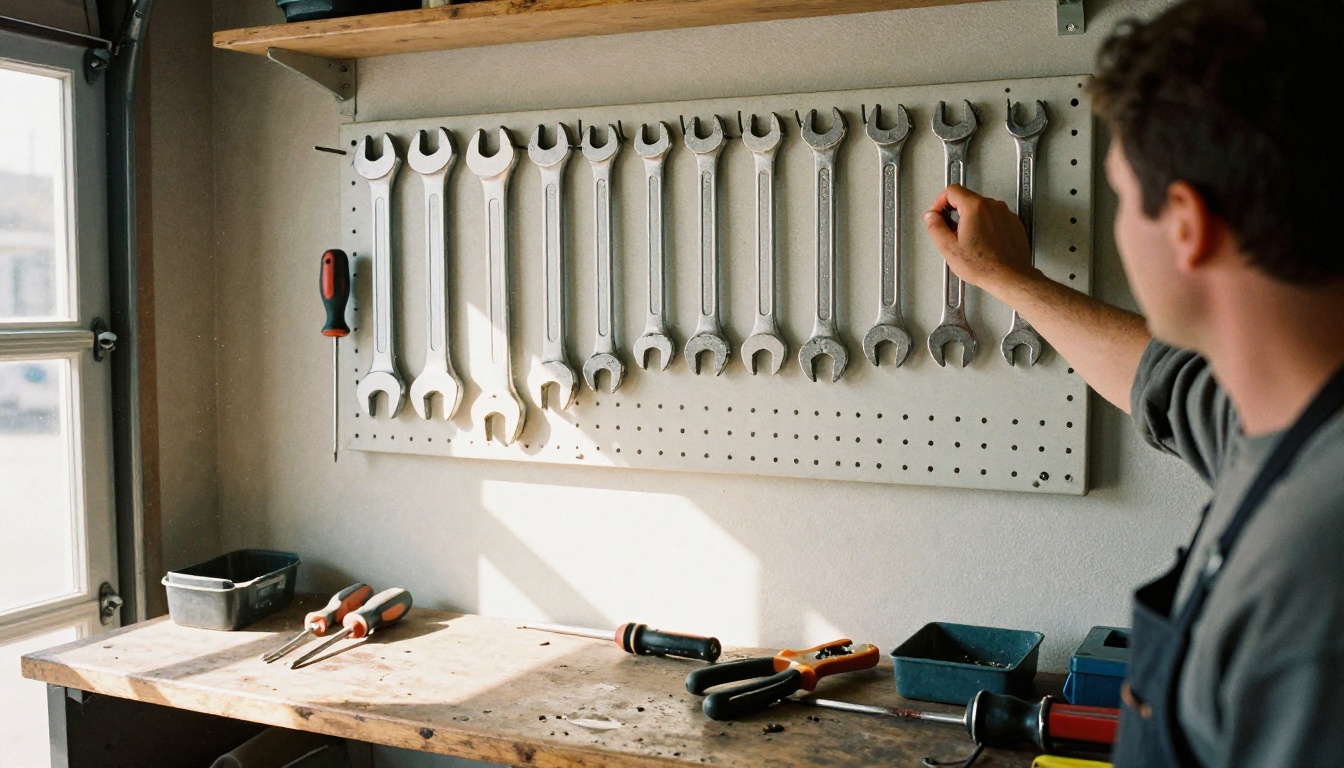 A mechanic lifting the right wrench from a labelled pegboard