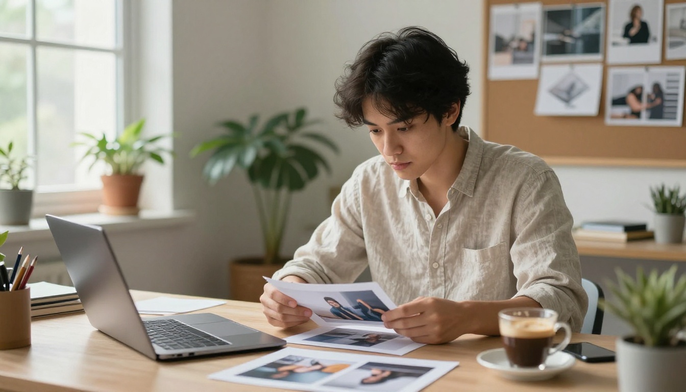 A creative director reviewing printed photographs beside a laptop in a sunlit studio