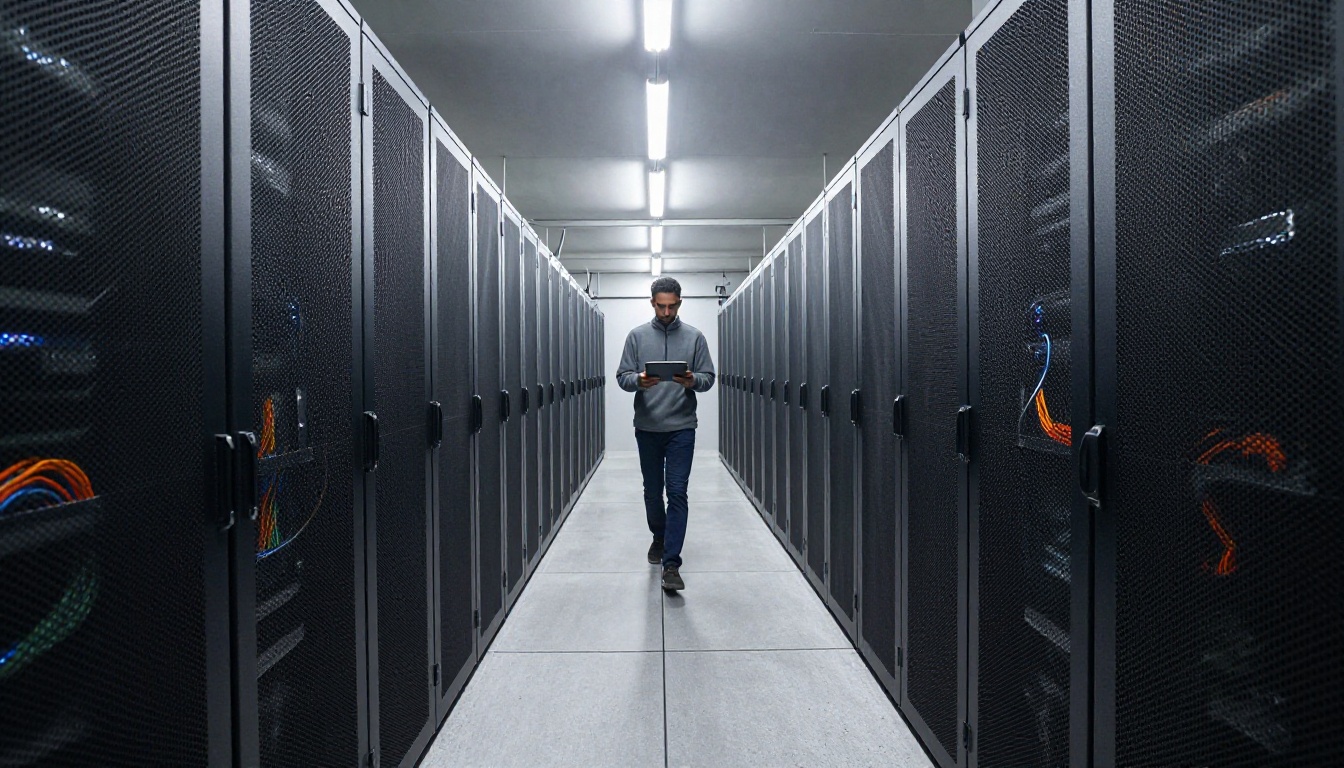 A technician walking a long aisle of server racks