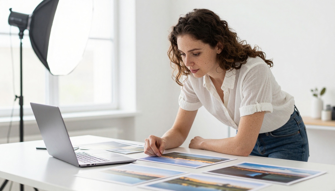 A photographer comparing printed photographs on a studio table