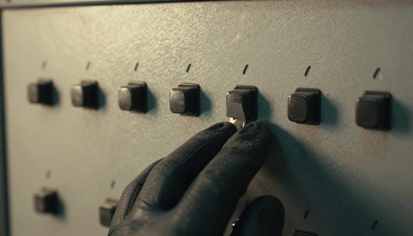 A gloved hand flipping a row of mechanical toggle switches
