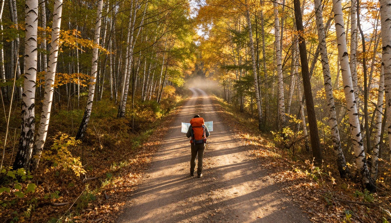 A hiker pausing at a fork in an autumn forest road