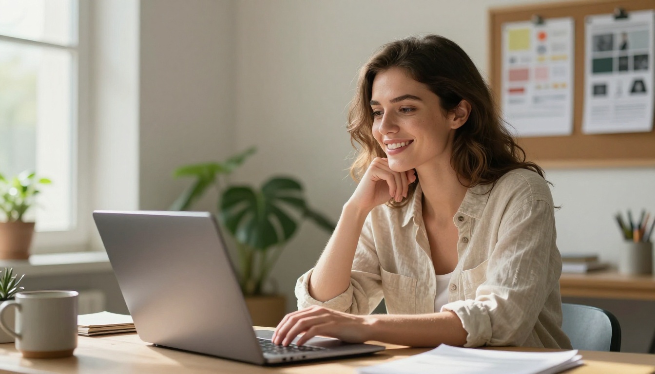 A creative director smiling at a laptop in a sunlit studio