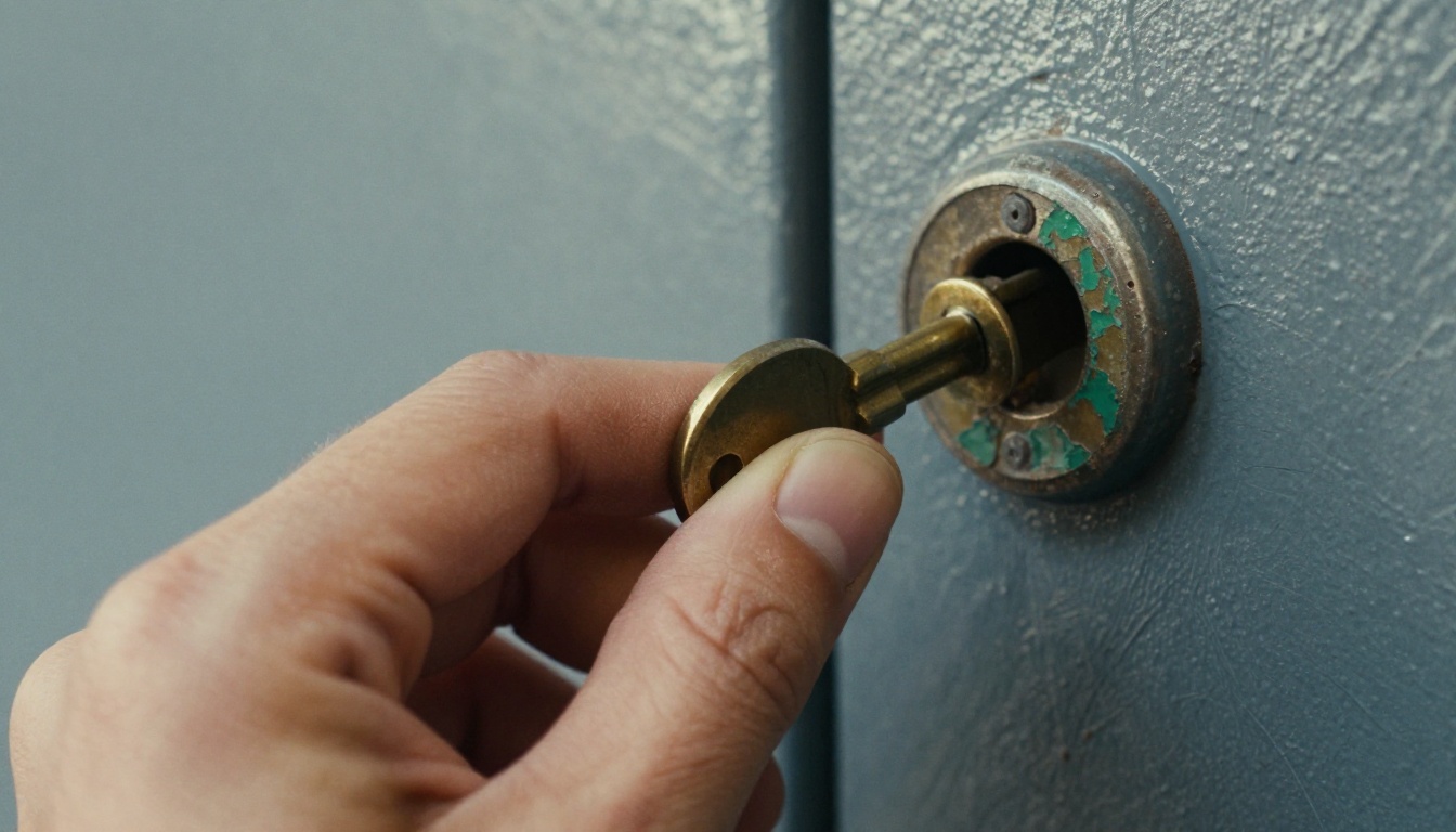 Weathered hand opening a painted steel door with a heavy brass lock