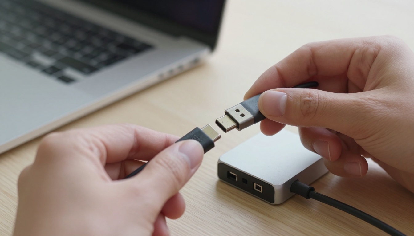 Hand about to plug a USB-C cable into a laptop port beside an aluminum hub