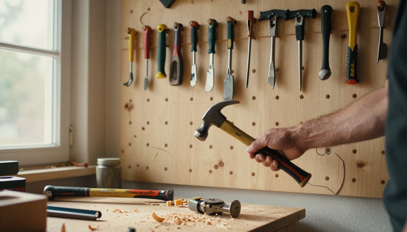 Carpenter's hand lifting a hammer from its painted outline on a pegboard wall