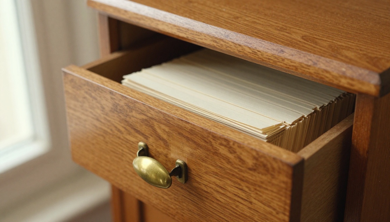 Hand sliding open a wooden card catalog drawer full of index cards