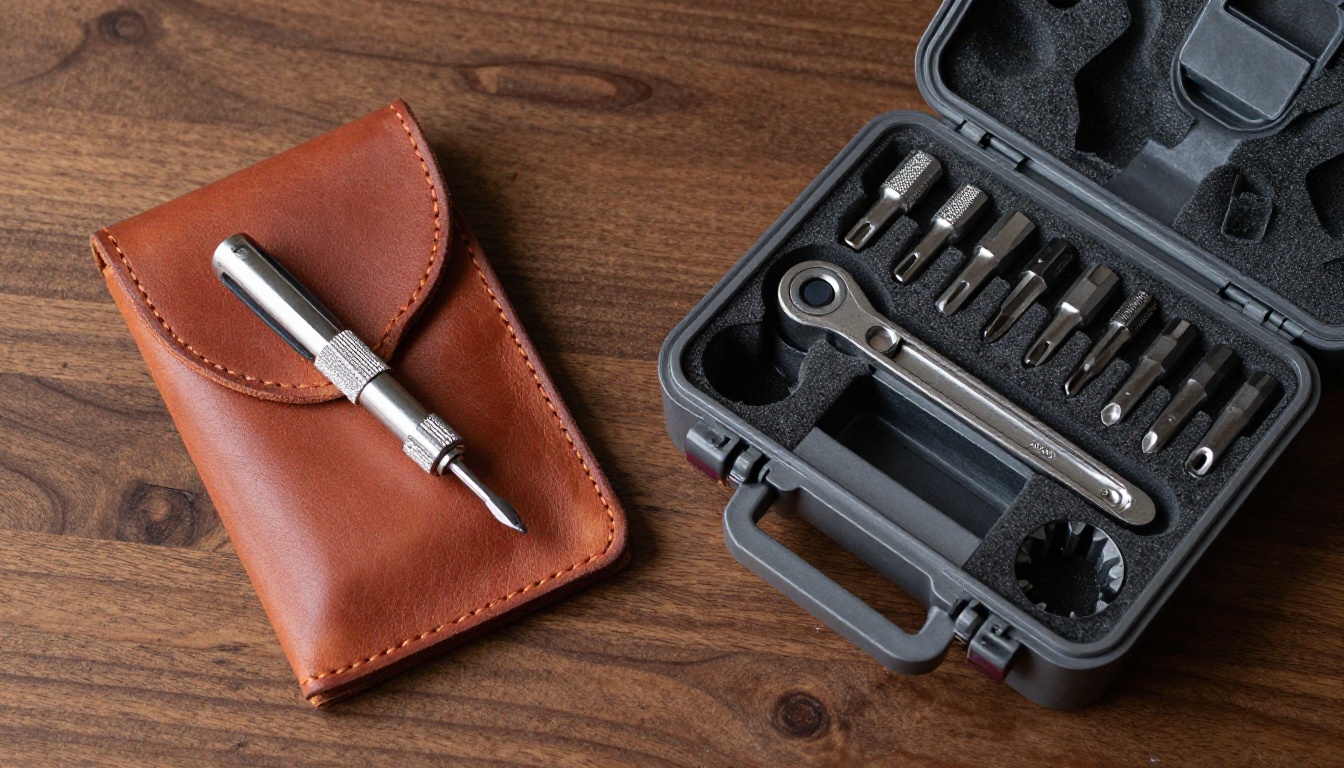 Overhead view of a single screwdriver pouch beside a modular bit set in a hard case