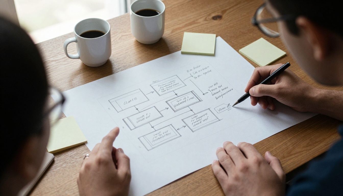 Two engineers reviewing a printed architecture diagram around an oak table