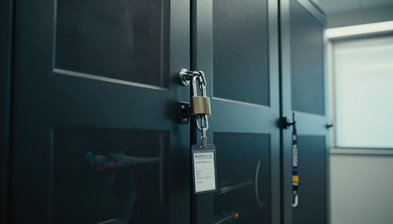 Heavy padlock and chain on a locked equipment cabinet in a network room