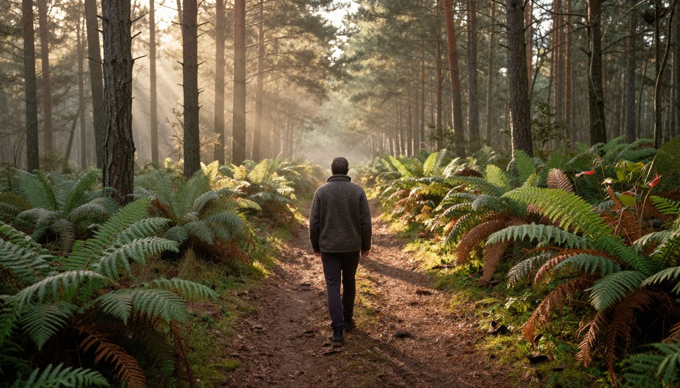 Hiker at a fork in a forest trail at sunrise