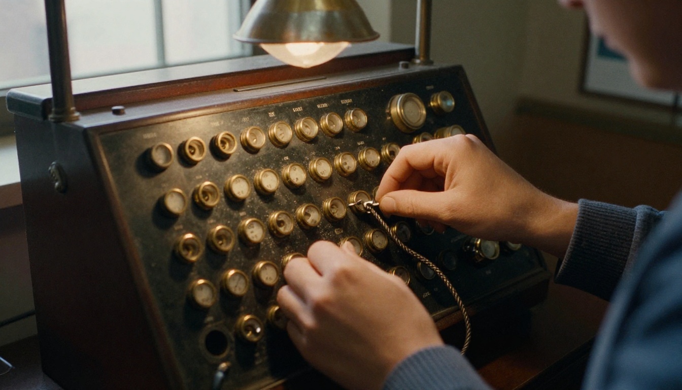 Operator inserting a braided cord into a vintage telephone switchboard