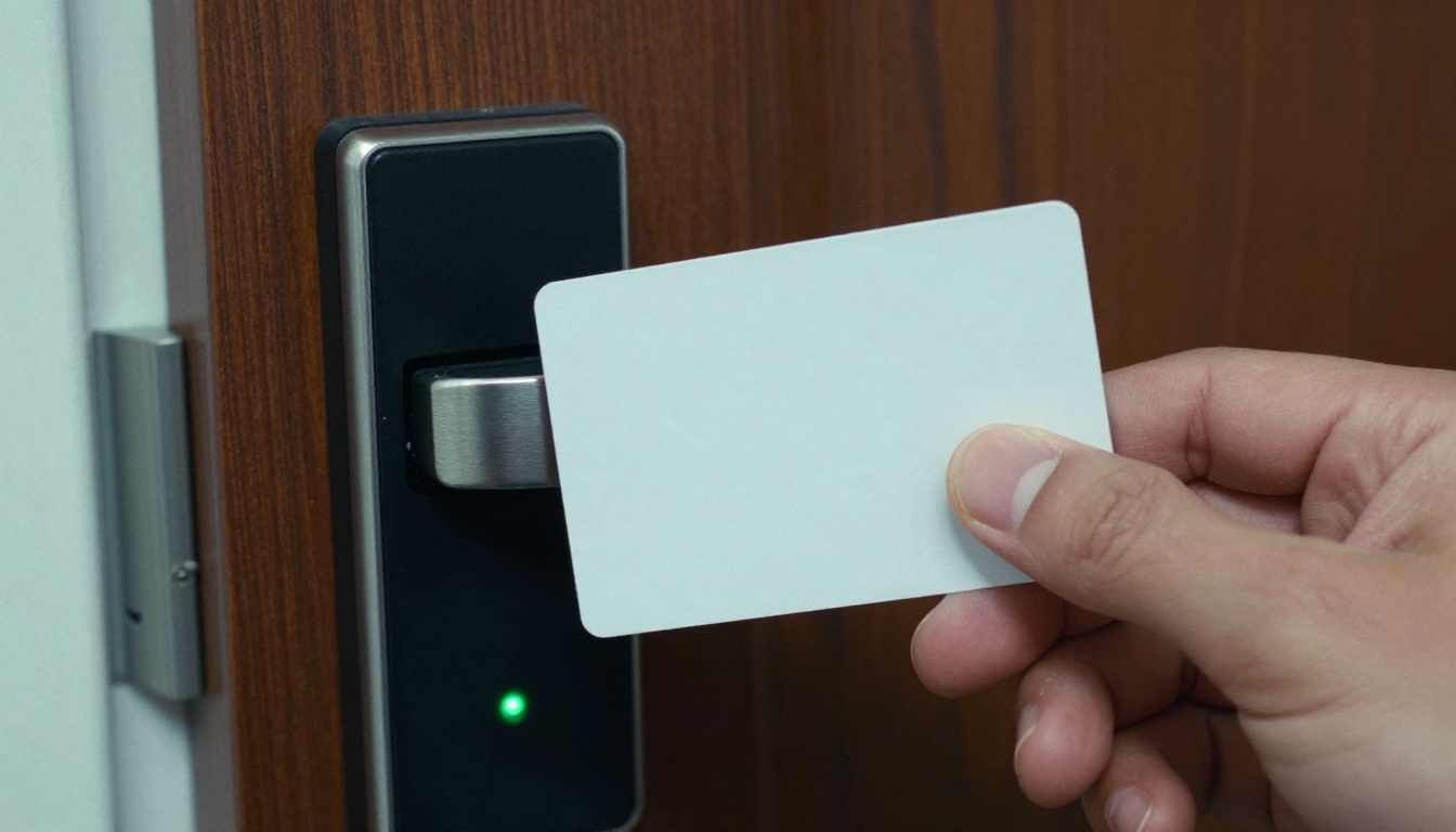 A hand holding a white access card against a black door reader on a wooden door