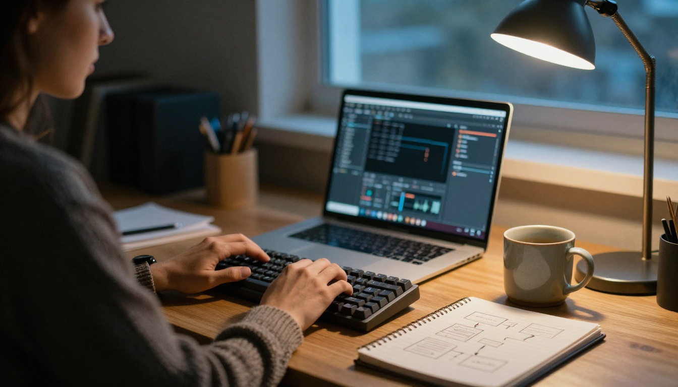 Developer typing at a desk in a quiet loft office at dusk