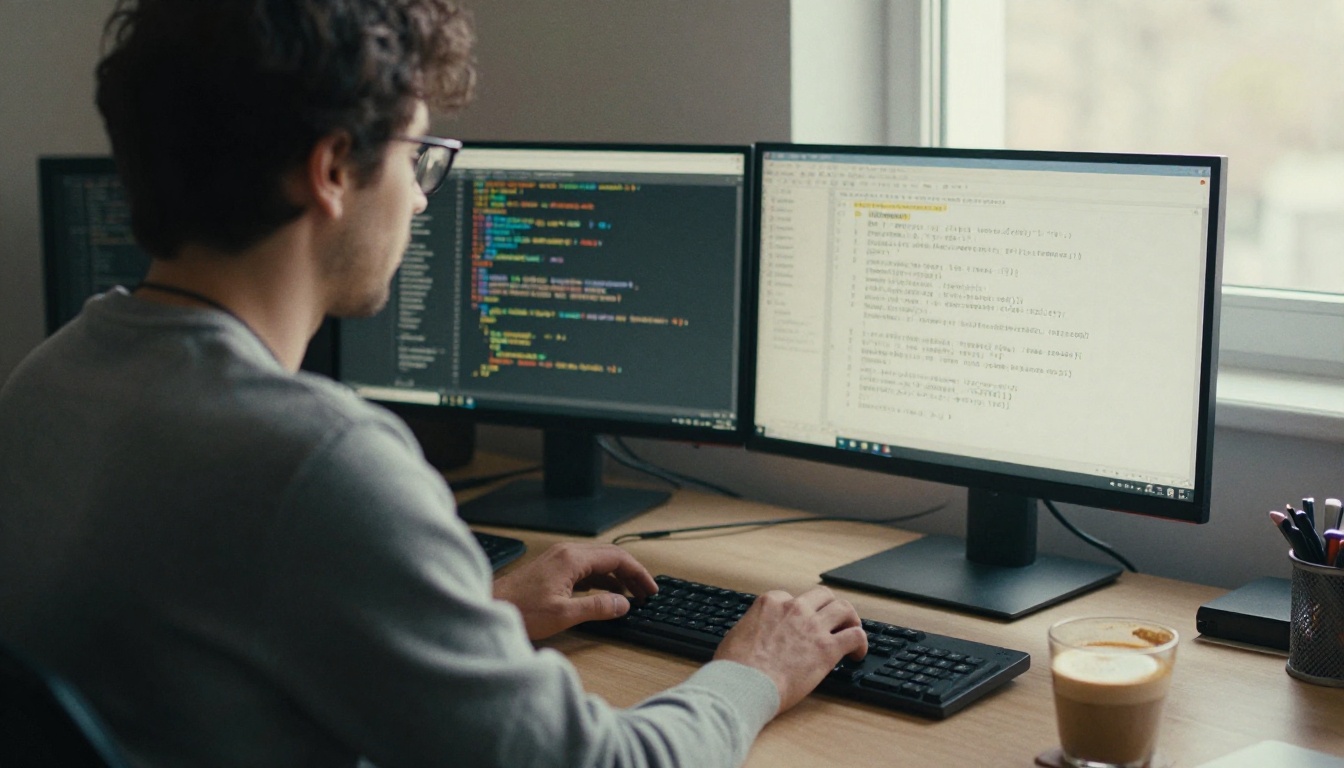 An engineer reading structured agent messages on a wide monitor in a daylit office
