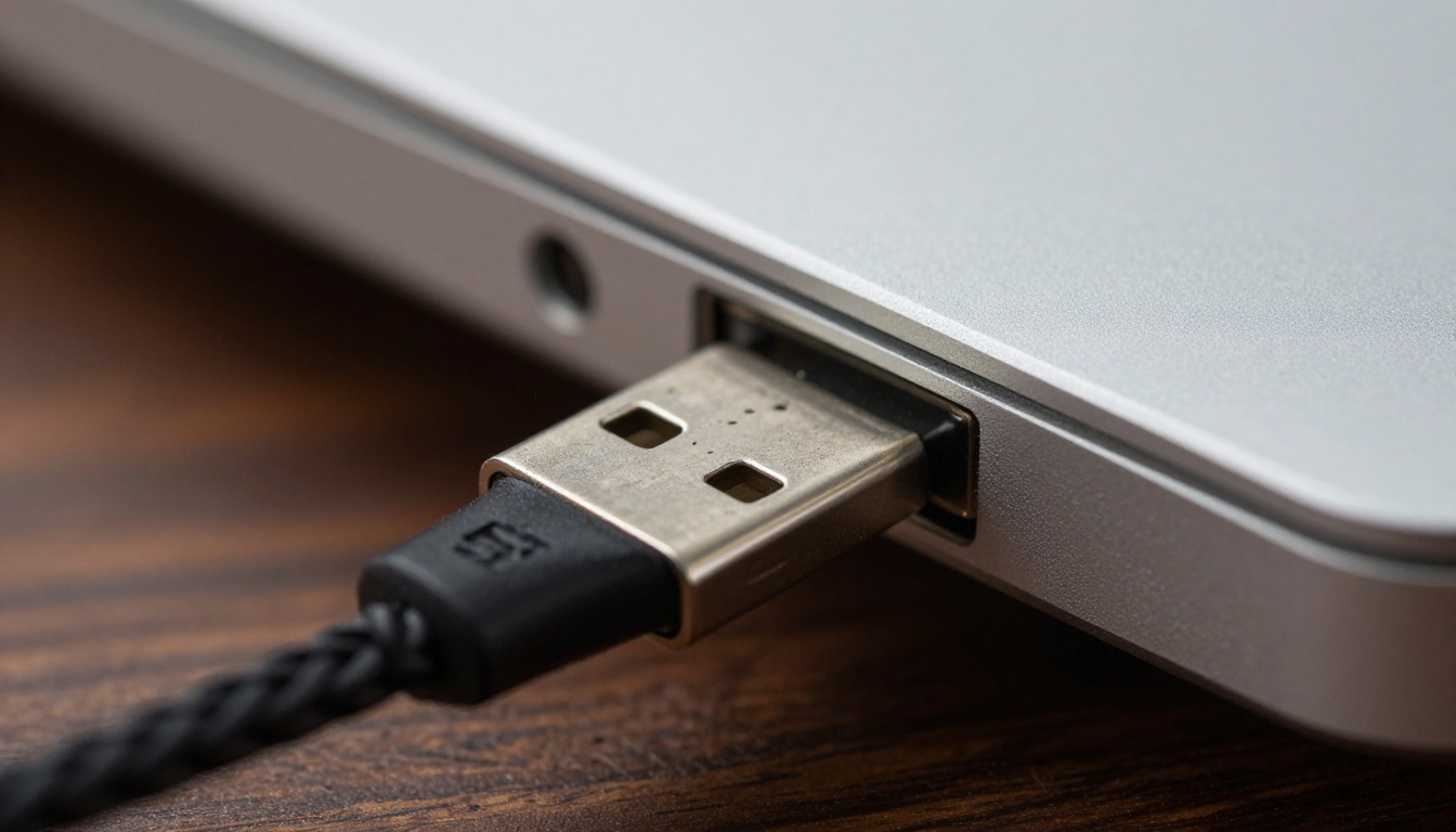 A braided USB-C connector sliding into a silver laptop port in extreme close-up