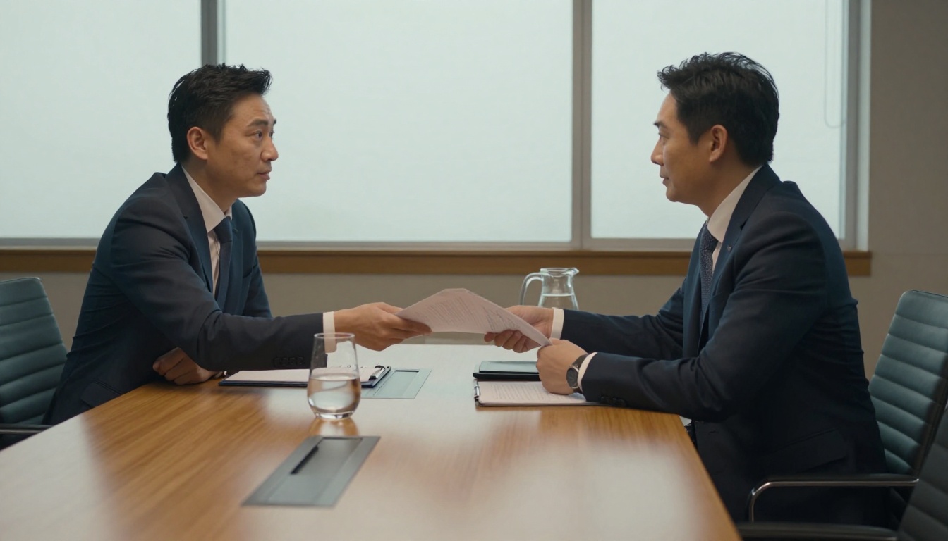 Two colleagues in suits passing a folder across a long oak conference table
