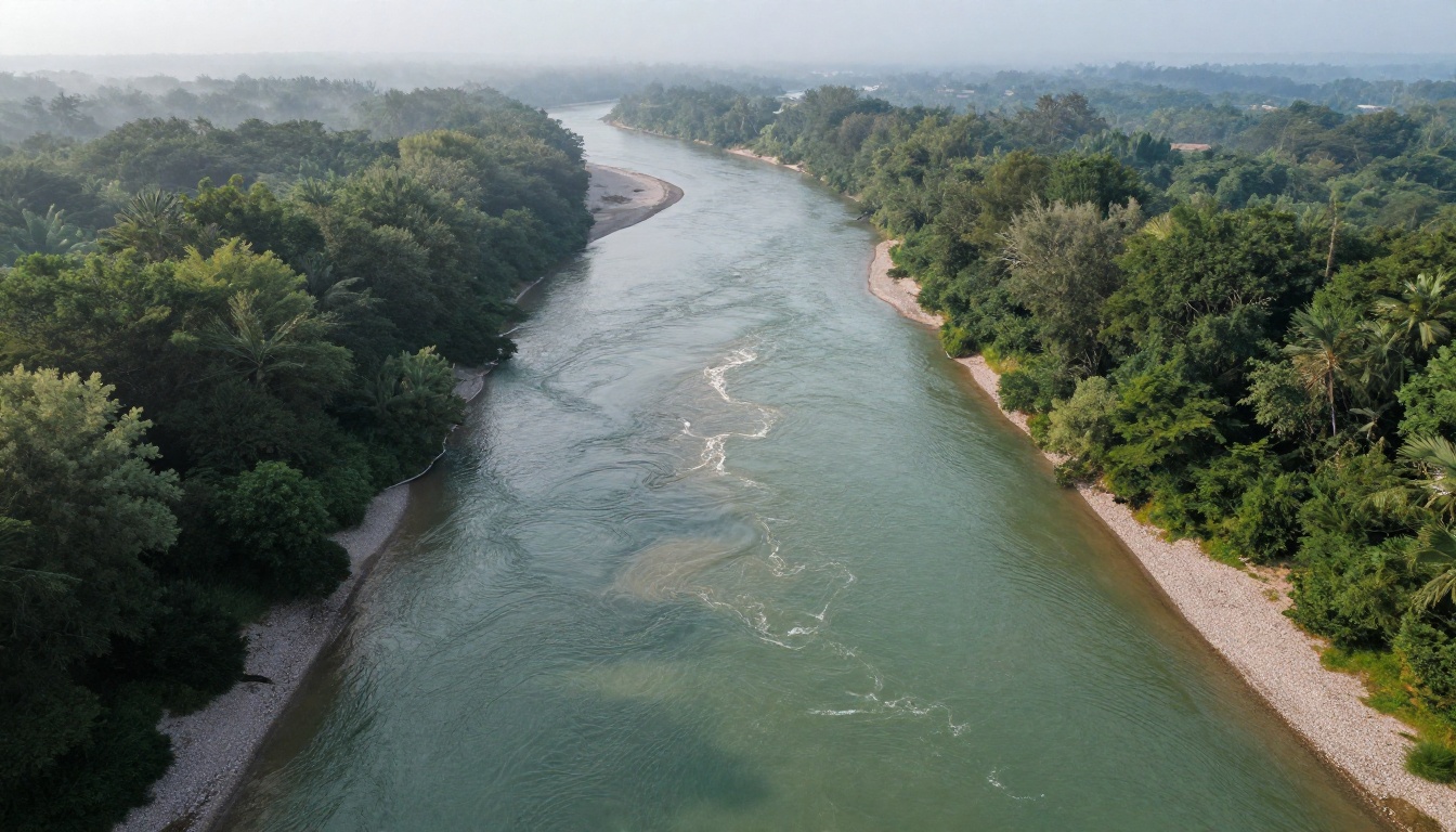Aerial view of two rivers meeting along a soft seam in a forest