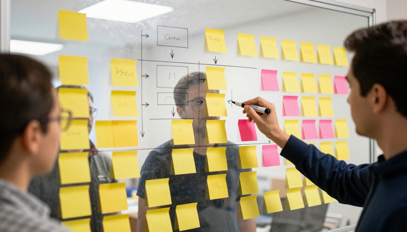 Three colleagues sketching a system diagram on a glass whiteboard
