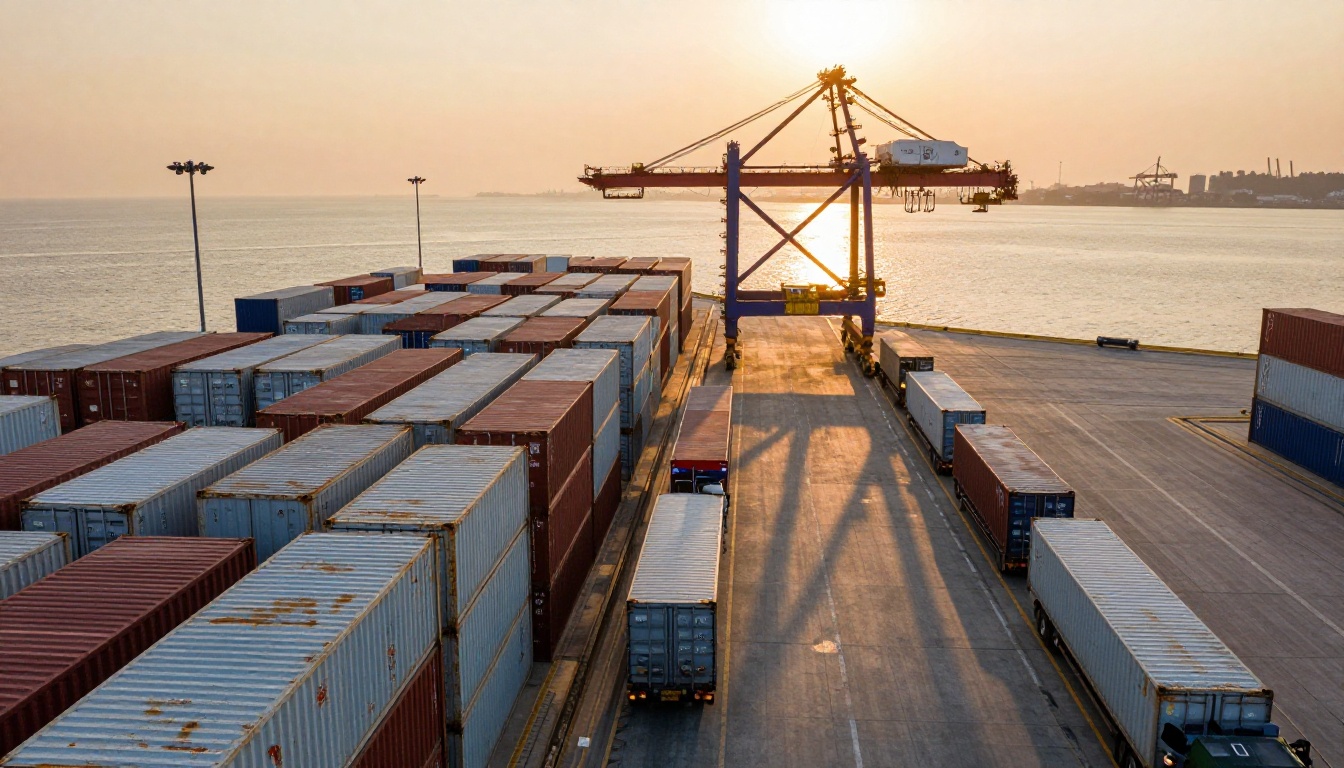 Aerial view of identical shipping containers stacked beside a gantry crane at golden hour