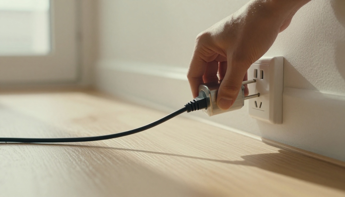 Hand pushing a brushed metal travel adapter into a wall socket in a sunlit room