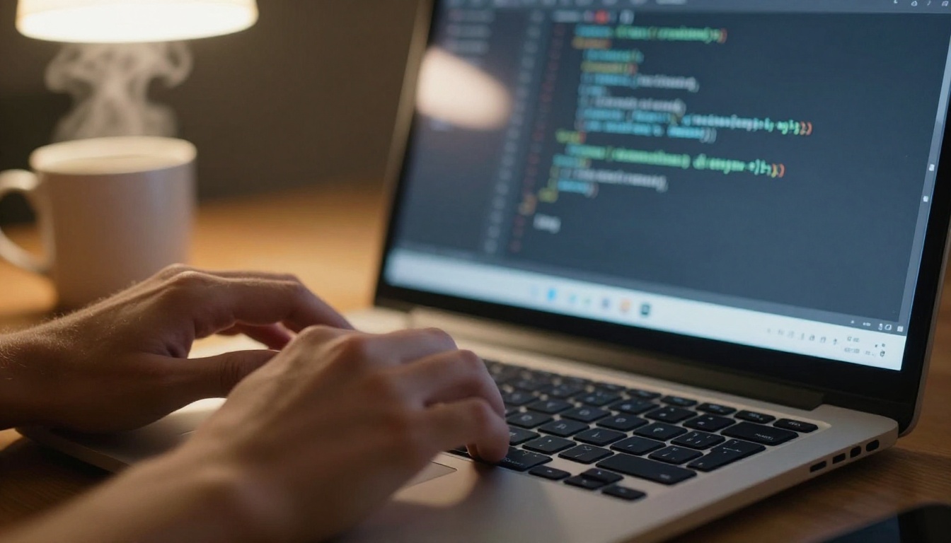 Hands typing on a slim laptop under a warm desk lamp