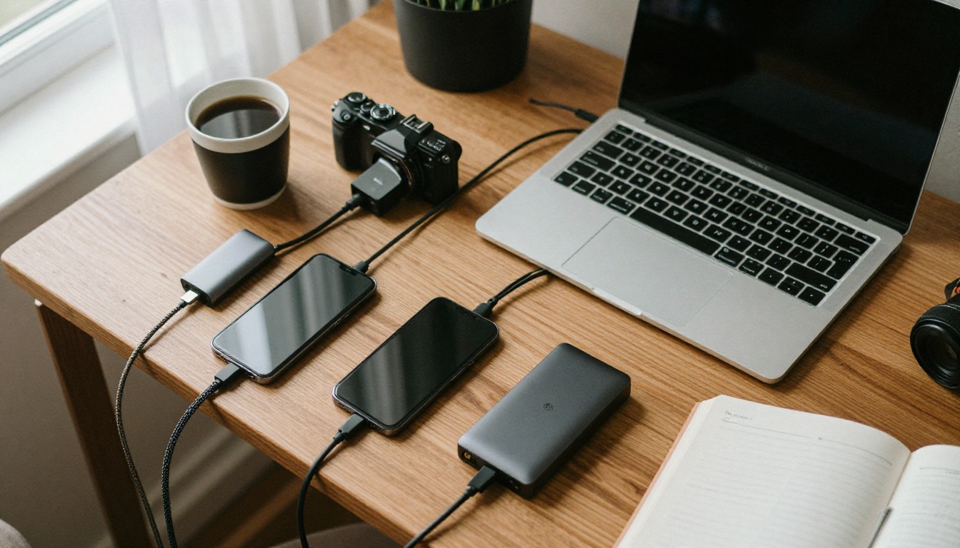 Top-down view of a laptop connected to a USB-C hub with four cables fanning out to devices