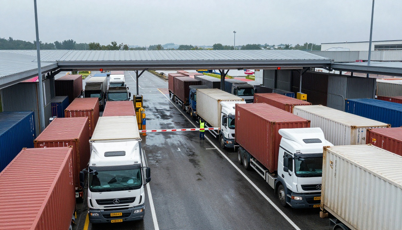 Aerial view of trucks queuing at inspection lanes at a container port entrance