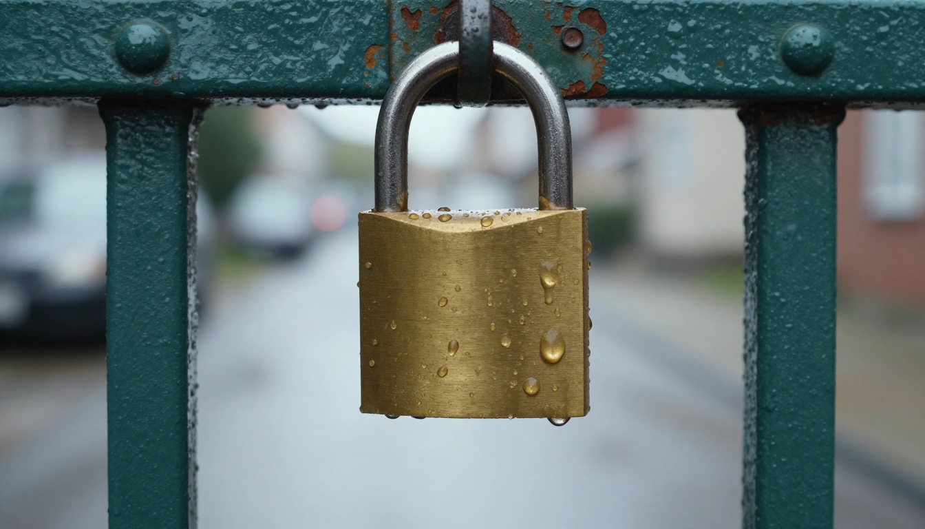 A brass padlock with rain droplets hanging on a weathered steel gate